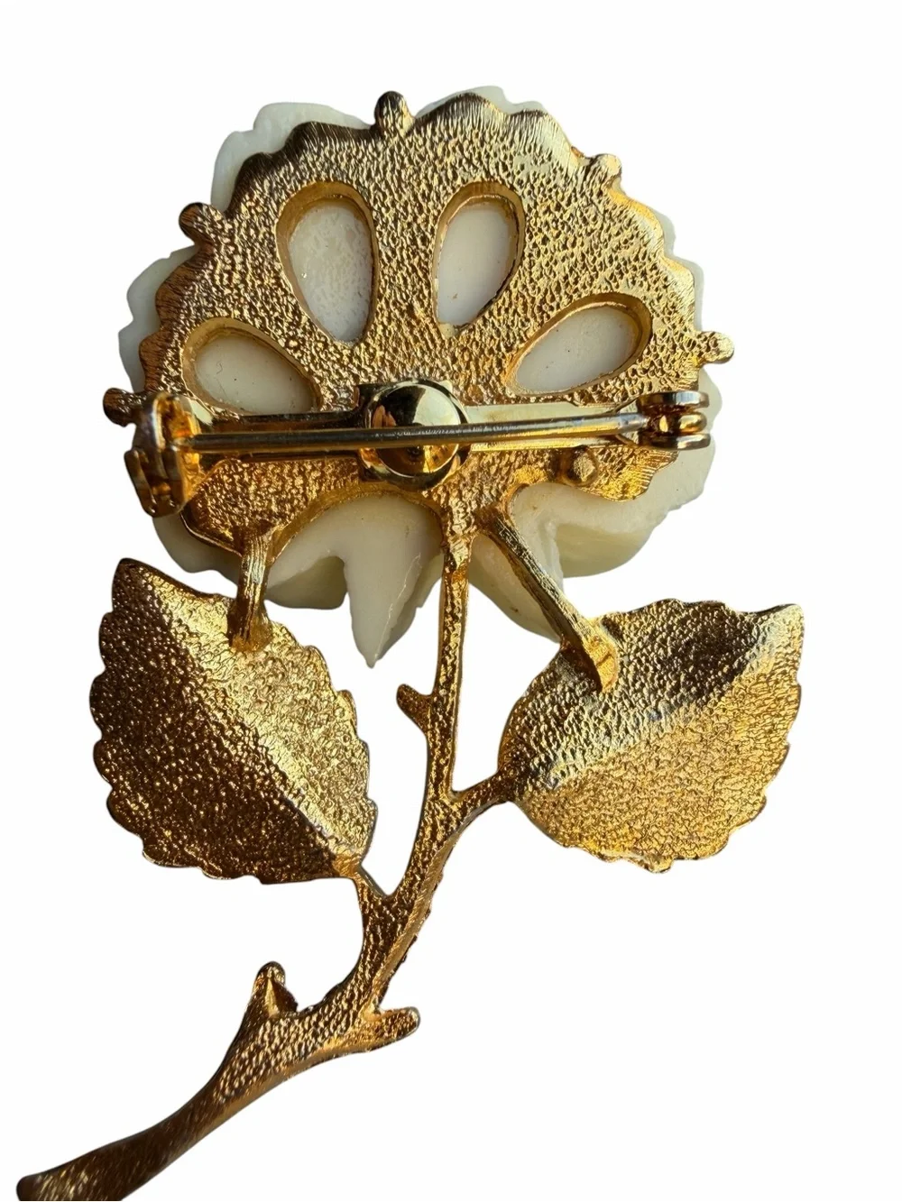 Vintage Carved Ivory Rose Brooch Textured Gold Stem Pin